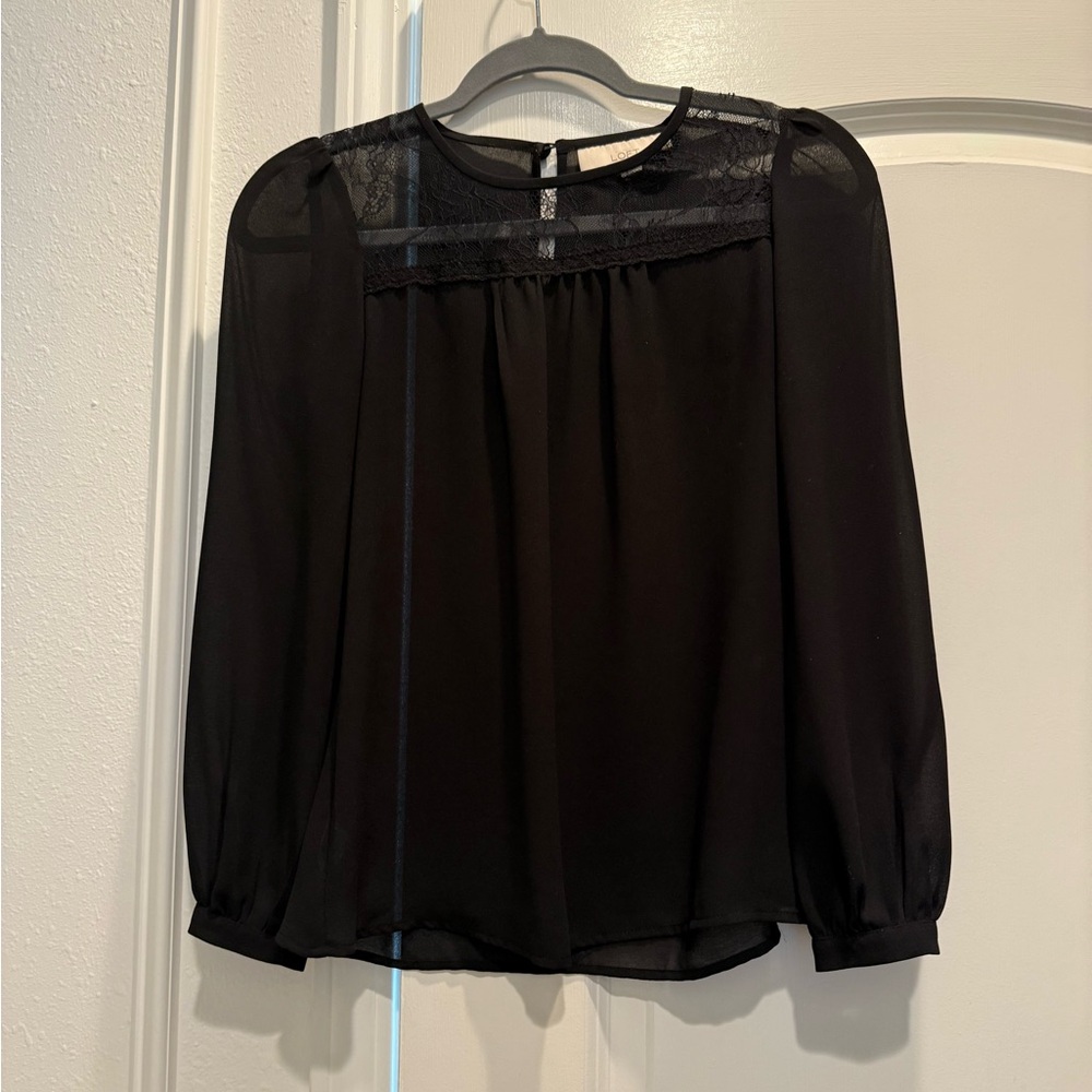 LOFT Black Sheer Blouse with Lace Detail